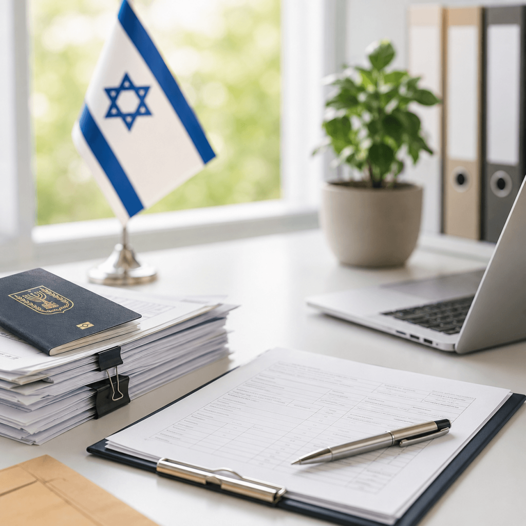 מסמכי הגירה, דרכון וטפסים על שולחן עבודה כחלק מהליך מול רשות האוכלוסין וההגירה בישראל