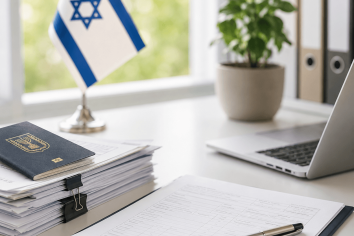 מסמכי הגירה, דרכון וטפסים על שולחן עבודה כחלק מהליך מול רשות האוכלוסין וההגירה בישראל